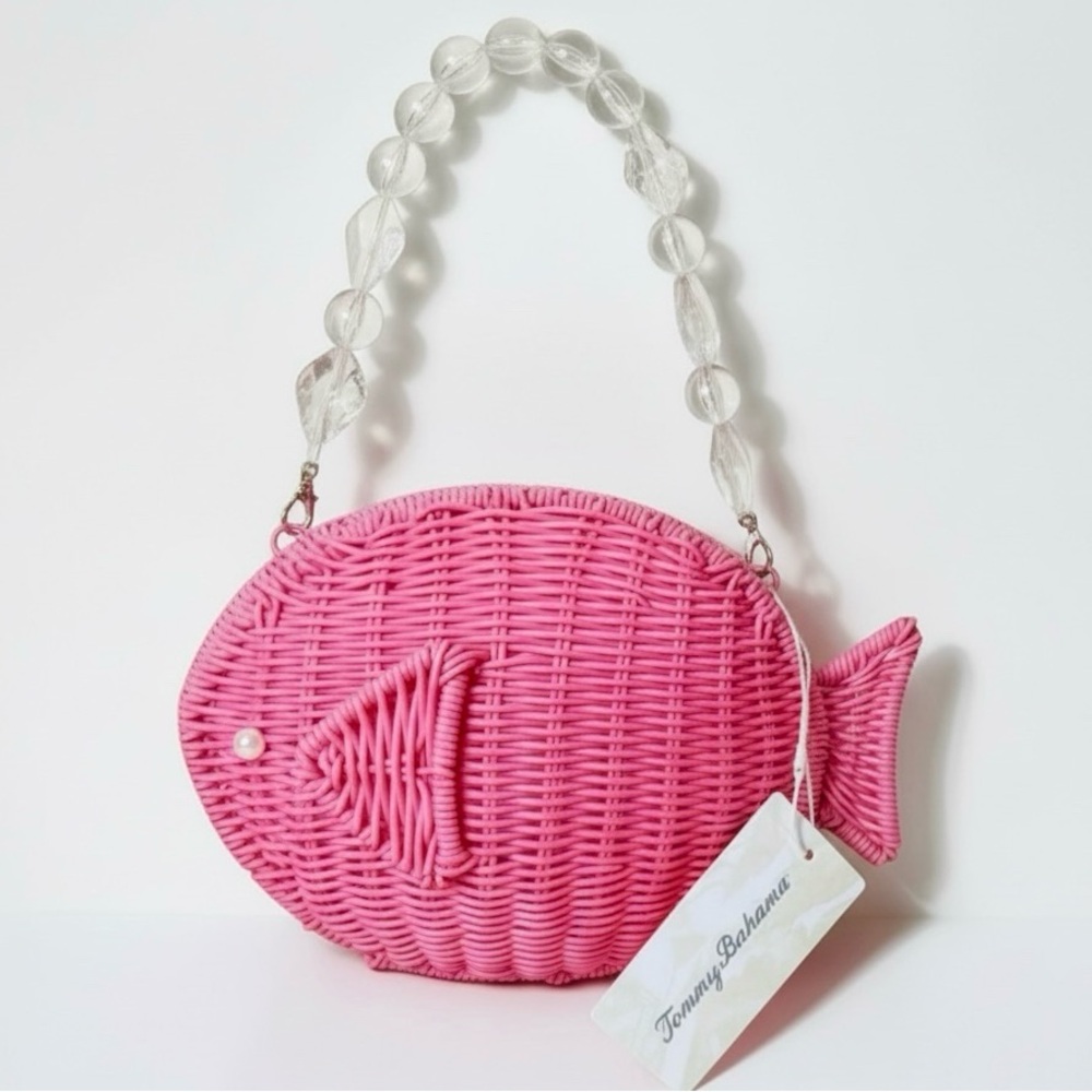 Tommy Bahama Pink Wicker Fish Bag Beaded Handle Crossbody Novelty Purse NWT